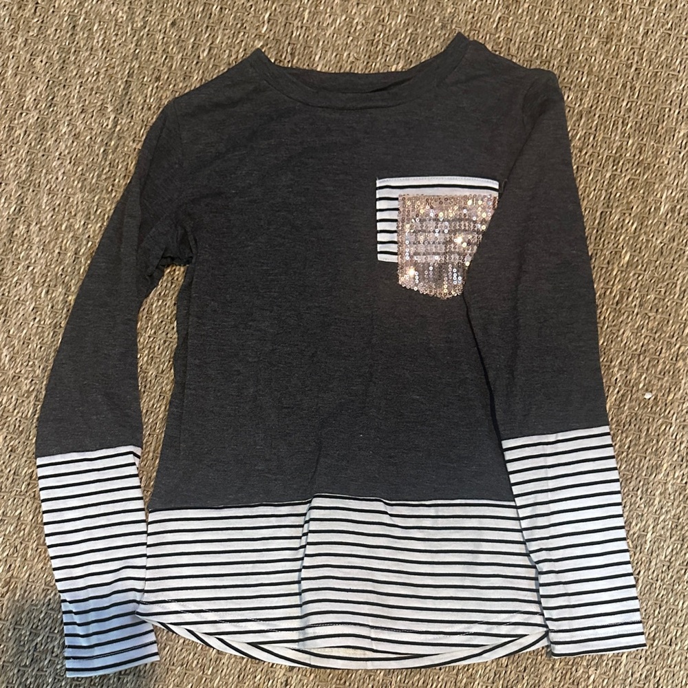 Navy Striped Long Sleeve Kids Tee with Sequin Pocket